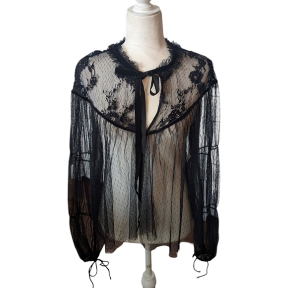 Embroidered sheer Tulle Top Witchy Whimsigoth velvet Bow Black Size L - Picture 8 of 16